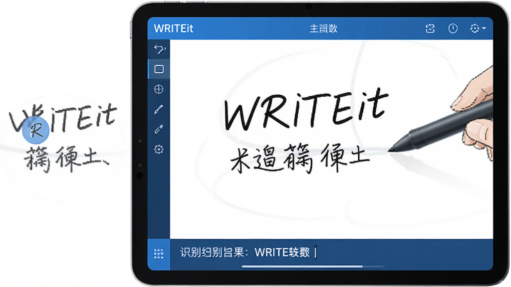 主体:WRITEit软件主界面,一块大屏幕平板电脑上展示手写输入面板,旁边有识别出的文字;布局:界面左侧为工具栏,右侧为书写区域,下方为识别结果栏;排版:清晰简洁,功能图标均匀排列;风格:现代科技感,蓝色调为主;细节:手写笔流畅书写,屏幕上显示“WRITEit”字样,识别文字为中文;画质:高清,干净,无多余元素。