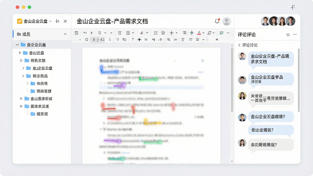 主体:金山企业云盘的多人协作功能界面。布局:界面划分为左侧文件树、中间文档编辑区(显示多人光标)、右侧评论讨论栏。排版:多色光标在文档中闪烁,右侧气泡式评论依次排列。风格:清爽的协作办公风格,背景为浅灰白色。细节:文档标题栏显示“金山企业云盘-产品需求文档”,右上角有成员头像堆叠。画质:高分辨率,干净,无多余元素。