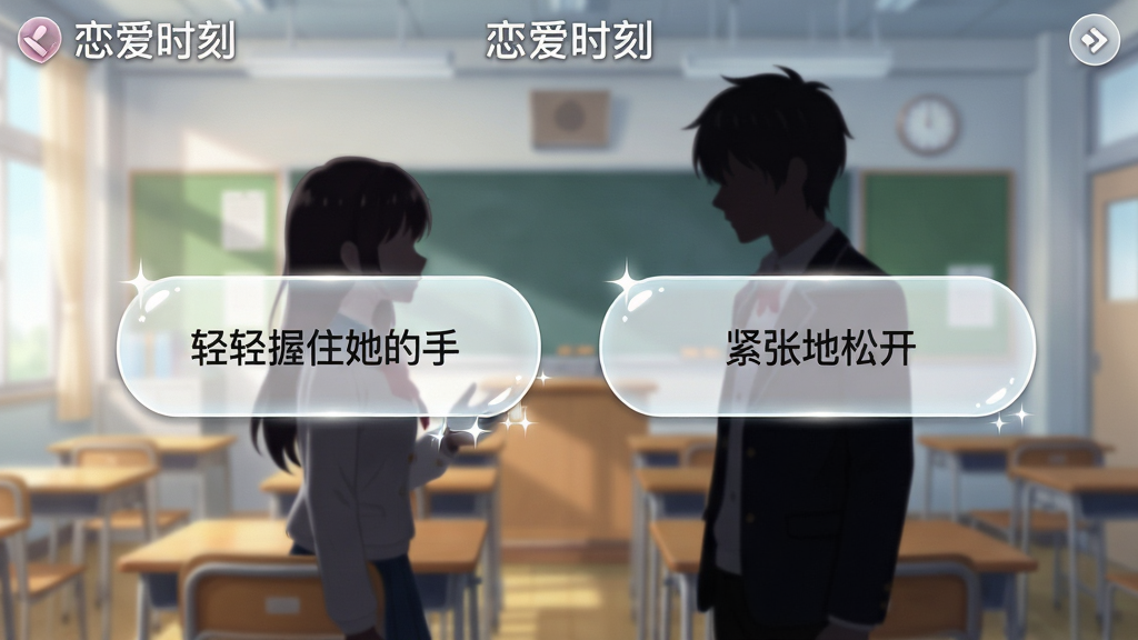 主体:《恋爱时刻》应用内剧情选择界面截图风格,屏幕中央显示两个对话选项气泡。布局:背景为模糊处理的教室场景,前景是半透明的选项框。排版:选项文字清晰易读,UI简洁。风格:动漫渲染风格,界面清新。细节:气泡边缘高光,背景有男女主角剪影,选项文字为“轻轻握住她的手”与“紧张地松开”。画质:高分辨率,干净整洁,无多余元素。