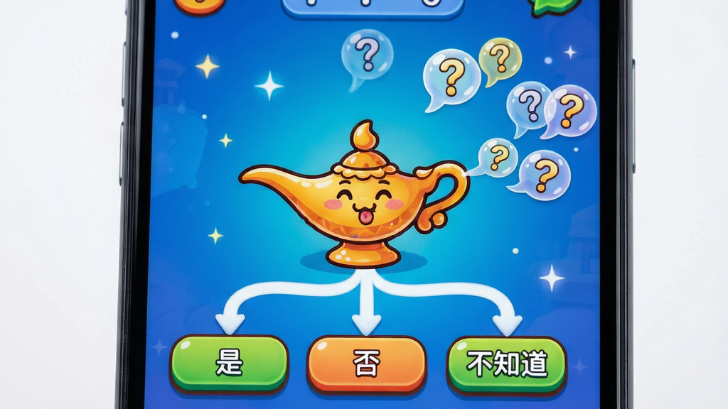 特写镜头展示手机屏幕上的神灯猜人名游戏界面,中央是一个卡通神灯角色,正从口中吹出一个个问号气泡,气泡连接着下方几个答案选项按钮。主体:卡通神灯与问号气泡。布局:居中构图,上下排列。排版:UI界面元素整齐。风格:Q版卡通风格,色彩明快。细节:屏幕上有“是”、“否”、“不知道”选项,画质细腻,干净背景。