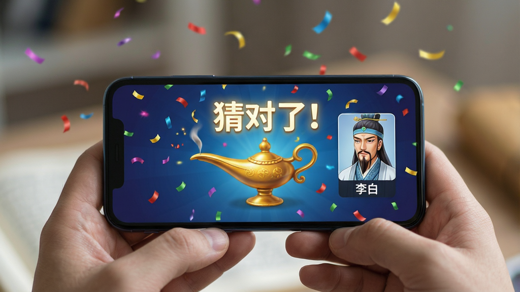 一双手捧着手机,手机屏幕显示神灯猜人名的胜利界面,界面中有五彩纸屑和发光的“猜对了!”字样,旁边是角色头像。主体:手机与胜利界面。布局:手机居中,手部从下方托举。排版:画面重点在屏幕内容。风格:写实与UI结合。细节:屏幕文字为“恭喜!你想到的是 李白”,画质真实清晰,背景虚化。