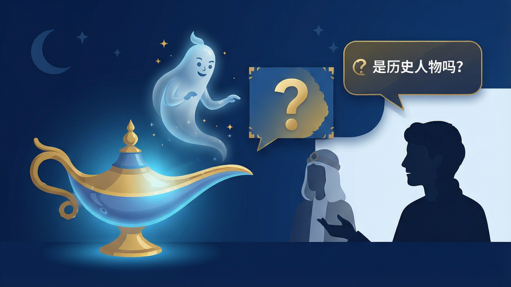 画面主体为发着柔和蓝光的阿拉伯神灯,从灯口飘出半透明精灵并展示一个带有问号的猜谜界面。整体布局:左侧神灯,右侧展示人物剪影与问题气泡。排版简洁,界面清爽。风格:扁平化现代插画,色彩以深蓝与金色为主。细节:气泡内文字“是历史人物吗?”,画质高清,干净,无多余元素。