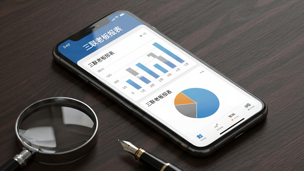 画面主体为“三联老板报表”APP界面在智能手机上显示的俯视预览图,手机斜放于深色木质桌面,屏幕中清晰展示柱状图与饼状图数据看板,布局为居中构图,排版简洁,前景有放大镜与钢笔道具,风格为现代商务写实,细节包含屏幕反光与阴影,画质高清,干净无多余元素,文字标注“三联老板报表”