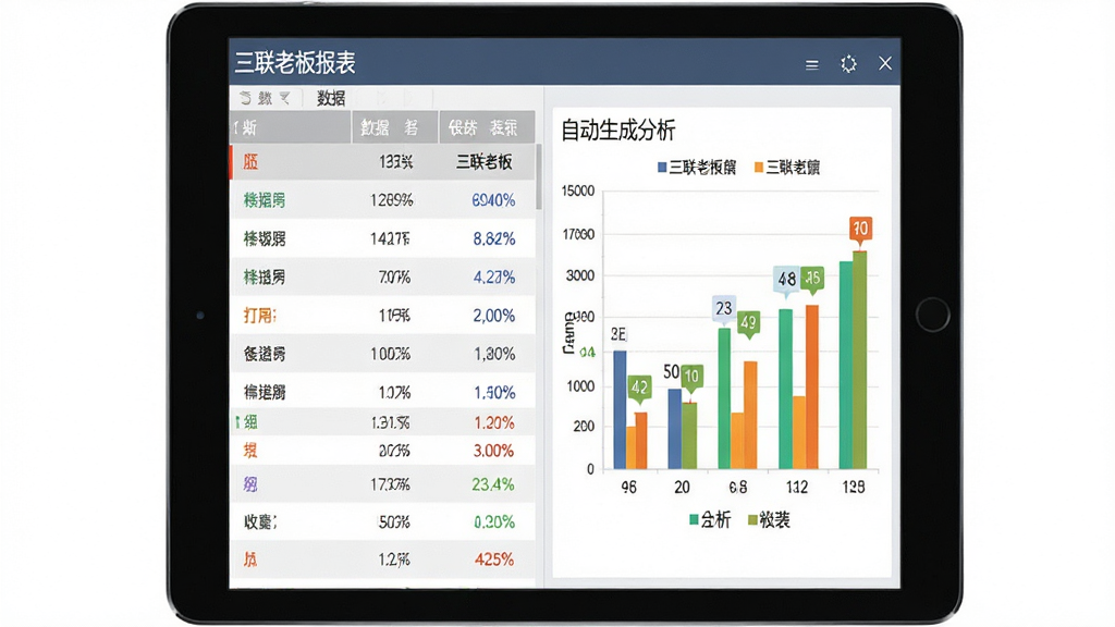 画面主体为“三联老板报表”软件在平板电脑上生成报表的界面,左侧为数据列表右侧为自动生成的柱状分析图,布局为左右分栏,排版规整,风格为简洁商务扁平化设计,细节包含彩色图表与数据标签,画质清晰干净,无多余元素,文字显示“三联老板报表”