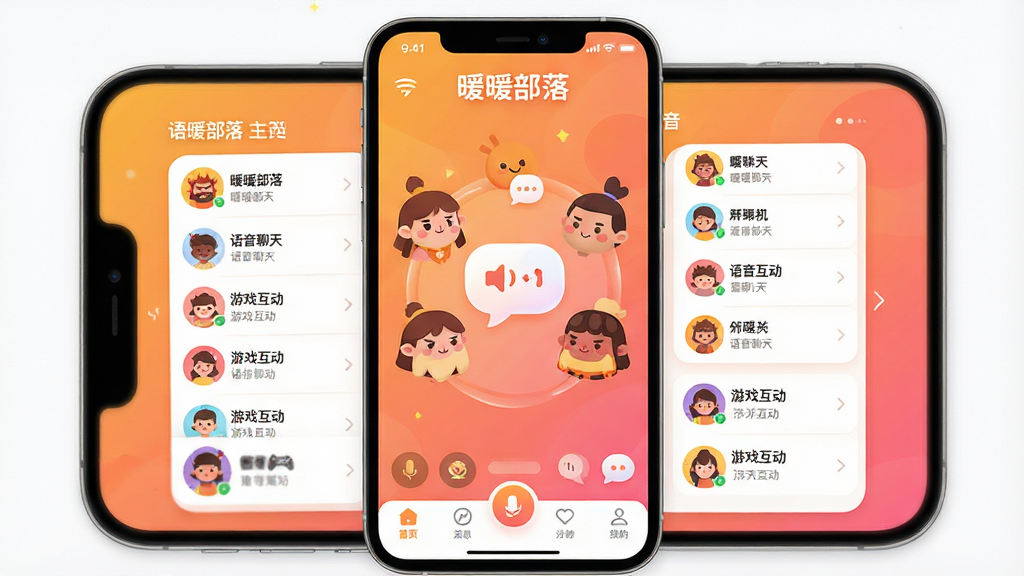 主体:手机屏幕展示“暖暖部落”主界面,画面中央有多个卡通部落头像围绕语音聊天气泡;布局:界面顶部显示“暖暖部落”LOGO,中部为语音房间列表与用户头像,底部为导航栏;排版:清晰的信息层级,卡片式布局,色彩明快;风格:现代扁平化插画风,暖色调为主,融合橙黄粉渐变;细节:界面文字标注“暖暖部落”、“语音聊天”、“游戏互动”等字样;画质:高清渲染,干净无多余元素。