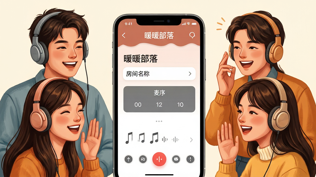 主体:一群年轻男女戴着耳机,对着手机开心地语音聊天,手机屏幕显示“暖暖部落”语音房间界面;布局:人物环绕手机排列,手机居中放大展示界面;排版:主次分明,突出语音互动场景;风格:写实与插画结合,明亮温馨色调;细节:手机界面显示“暖暖部落”、“房间名称”、“麦序”等文字;画质:4K超清,画面干净无杂物。