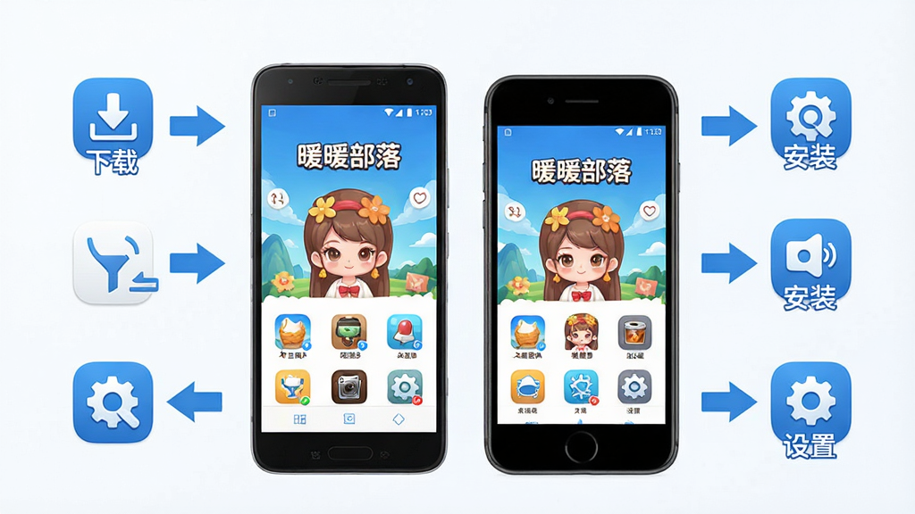 主体:一部安卓手机与一部苹果手机并排,屏幕显示“暖暖部落”运行界面,周围有下载、安装、设置图标;布局:手机居中,周围环绕操作指示箭头;排版:步骤式图解,标注“下载”、“安装”、“设置”;风格:简洁科技感,蓝白配色;细节:手机屏幕显示“暖暖部落”主界面,图标清晰;画质:渲染精细,干净无多余元素。