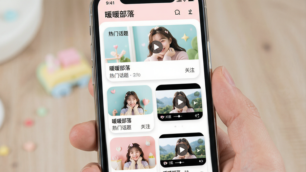 主体:手机展示“暖暖部落”动态广场信息流,包含图文卡片与短视频缩略图;布局:竖向滑动列表,卡片圆角化设计;排版:瀑布流式布局,图片与文字混排;风格:清新活力,柔和糖果色系;细节:卡片上标注“暖暖部落”、“热门话题”、“关注”等文字;画质:高清,界面整洁无多余图标。