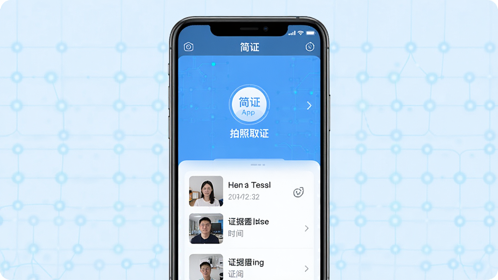 主视觉展示简证App在手机上运行的界面,包含拍照取证按钮、时间戳水印、证据列表缩略图,背景为浅蓝色科技网格,主体居中,布局简洁明快,风格现代扁平化,细节清晰标注“简证”字样,画质高清,干净无多余元素