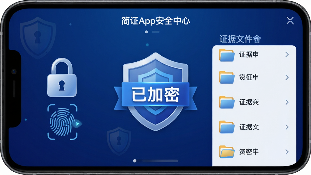 简证App安全中心界面,显示加密锁图标、指纹识别动画、证据文件夹列表,背景为深蓝色渐变,中心位置突出“已加密”徽章,布局对称,风格科技感,细节带有盾牌图案,画质干净,无多余元素