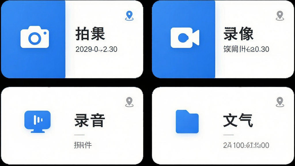 简证App功能布局展示,屏幕分为四个图标区域:拍照、录像、录音、文件,每个图标下方带有小字说明,整体界面采用卡片式设计,主色调为蓝色与白色,布局规整,风格清爽,细节包含时间戳和定位图标,画质细腻,干净无多余元素