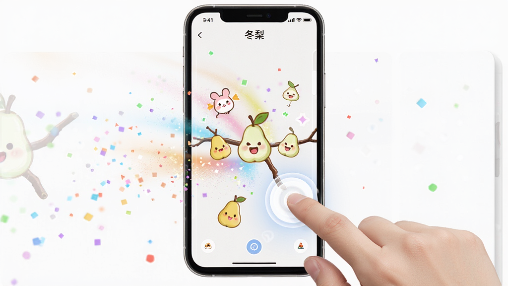 图片主体展示冬梨应用内互动玩法的动态场景,画面中有一只手正在屏幕上进行点击滑动操作,屏幕内呈现色彩斑斓的粒子特效与可爱卡通形象反馈,布局以屏幕为中心,周围留白干净,风格活泼生动,细节丰富,画质高清,整体干净无多余元素,画面中带有“冬梨”小字标识