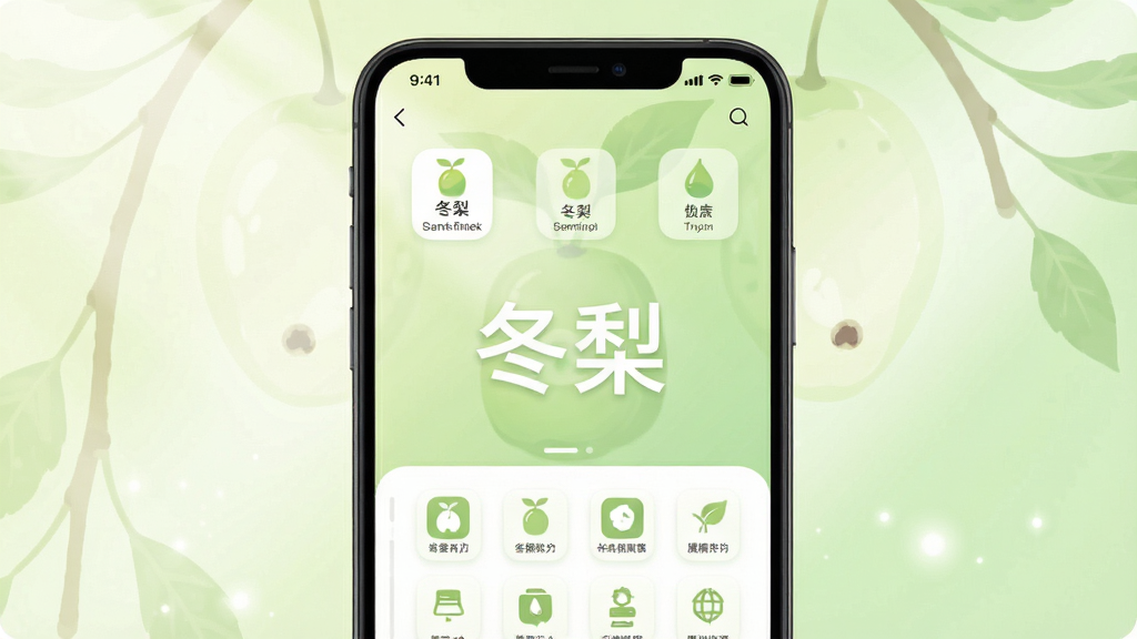 画面主体为冬梨应用的主界面预览图,采用清新明亮的扁平化设计风格,界面布局简洁大方,功能图标排列整齐,主色调为淡雅的浅绿色与白色搭配,背景有柔和的光影渐变效果,屏幕中央显示“冬梨”字样作为应用名称,整体画质干净通透,无多余元素,突出应用名称与界面结构