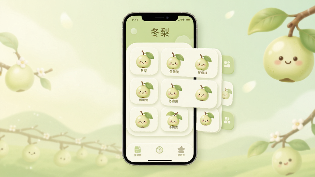 冬梨应用界面设计展示图,界面以淡绿色和米白色为主色调,功能图标采用圆角卡通风格,排版布局清晰有序,画面中央展示主要功能模块的展开状态,背景为淡雅的渐变色,风格清新唯美,细节圆润流畅,画质干净,无多余杂物,包含“冬梨”字样
