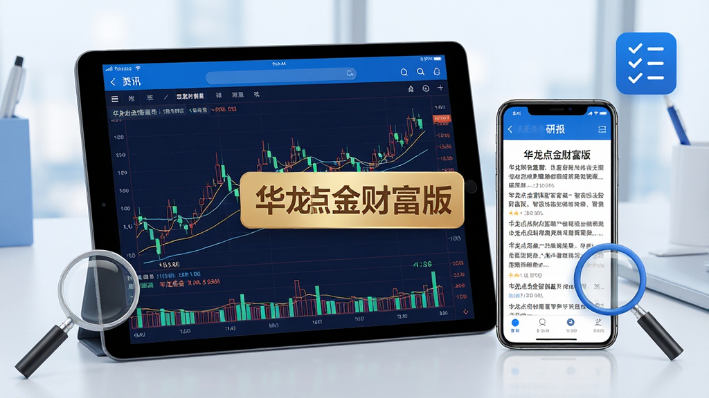 主体:平板电脑与手机并排展示华龙点金财富版资讯页面与智能选股结果。布局:平板展示K线图表,手机展示研报文字,形成工作场景。排版:图表上覆盖