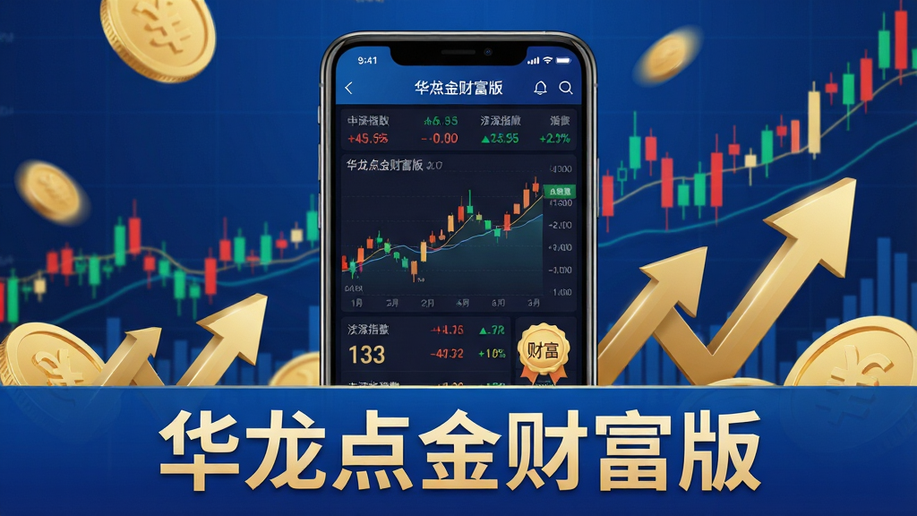 主体:一部智能手机屏幕显示华龙点金财富版界面,界面图表清晰,背景是模拟的沪深指数动态K线图。布局:手机居中,周围环绕金币与上升箭头元素,构图饱满。排版:文字