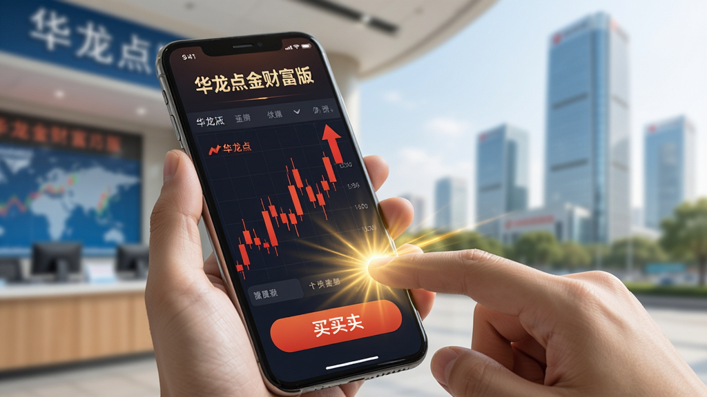 主体:用户手持手机在户外查看华龙点金财富版行情,另一只手点击买入按钮。布局:手机屏幕特写,背景为虚化的证券营业厅或金融大厦。排版:屏幕显示