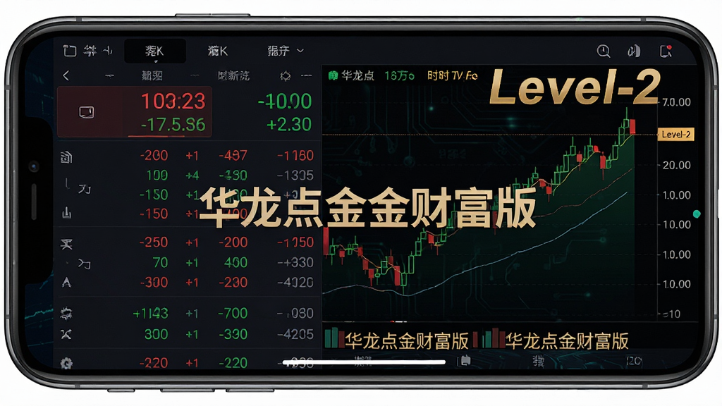 主体:手机横屏展示华龙点金财富版的分时图报价界面,画面有