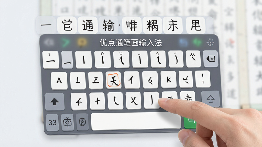 一张软件截图风格的图片,画面中央是“优点通笔画输入法”的悬浮键盘,键位清晰标注“一丨丿丶”,上方候选中显示多个汉字,旁边有一只手正在点击笔画键。整体布局简洁,排版清晰,色彩柔和,写实风格,细节到位,画质清晰干净,无多余元素。