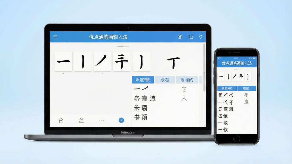 一幅清晰的软件功能展示图,画面主体为一台笔记本电脑和一部智能手机并排摆放,屏幕上都显示“优点通笔画输入法”的输入界面,界面简洁,有笔画按键“一丨丿丶”和候选字列表。背景为干净的浅蓝色渐变,整体布局对称,排版整齐,风格写实,细节丰富,画质高清,干净无多余元素。