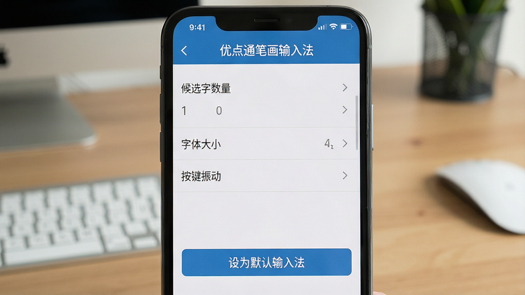 一张展示输入法设置界面的图片,画面中手机屏幕上显示“优点通笔画输入法”的设置菜单,包含“候选字数量”、“字体大小”、“按键振动”等选项,屏幕下方有“设为默认输入法”按钮。背景为简约桌面,布局清晰,排版规整,写实风格,细节真实,画质高清,干净无多余元素。