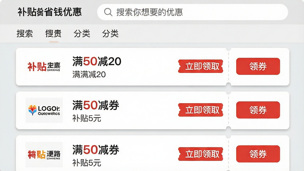 主体:一张电脑或手机屏幕截图风格画面,展示“补贴省钱优惠”软件内“海量优惠券”列表页,列表项包含店铺LOGO、满减金额和“立即领取”按钮。布局:采用上下滚动列表布局,顶部为搜索栏和分类标签。排版:列表清晰,行距适中,每行右侧突出显示红色“领券”按钮。风格:写实UI界面风格,背景为浅灰色,卡片白色带阴影。细节:优惠券上印有“满50减20”“补贴5元”等字样,顶部搜索栏文字为“搜索你想要的优惠”,整体界面干净整洁。画质:高分辨率,无多余元素。