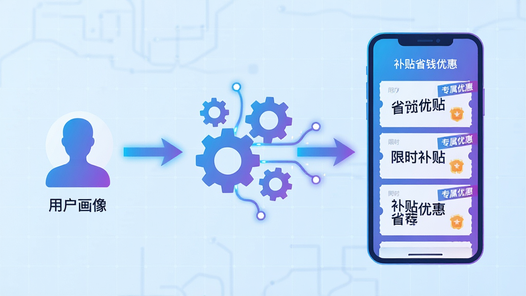 主体:一个抽象化的智能推荐流程示意图,左侧是“用户画像”图标(人形轮廓),中间是齿轮与数据线连接,右侧是手机屏幕显示“为你推荐”的优惠券列表。布局:横向流程布局,箭头从左向右,背景为淡蓝色科技网格。排版:元素之间用发光线条连接,右侧手机屏幕内显示多张带“补贴省钱优惠”水印的优惠券卡片。风格:科技感扁平插画,蓝紫渐变主色调。细节:手机屏幕上方有“补贴省钱优惠”字样,推荐卡片上有“限时补贴”“专属优惠”标签。画质:清晰矢量风格,干净无多余元素。