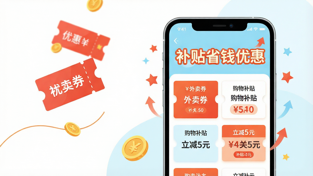 主体:一部亮屏的智能手机,屏幕中央显示“补贴省钱优惠”应用主界面,界面内有各类优惠券卡片和补贴金额标签。布局:手机位于画面中心偏右,左侧留白配以悬浮的红色优惠券和金币元素。排版:采用居中构图,手机屏幕内容清晰可见,背景干净。风格:现代扁平插画风,色彩明亮清新,以橙红和浅蓝为主色调。细节:屏幕上的应用名称“补贴省钱优惠”用大号圆体字突出显示,卡片上写有“外卖券”“购物补贴”“立减5元”等字样,周围有星星和箭头装饰。画质:高清渲染,干净无多余元素。
