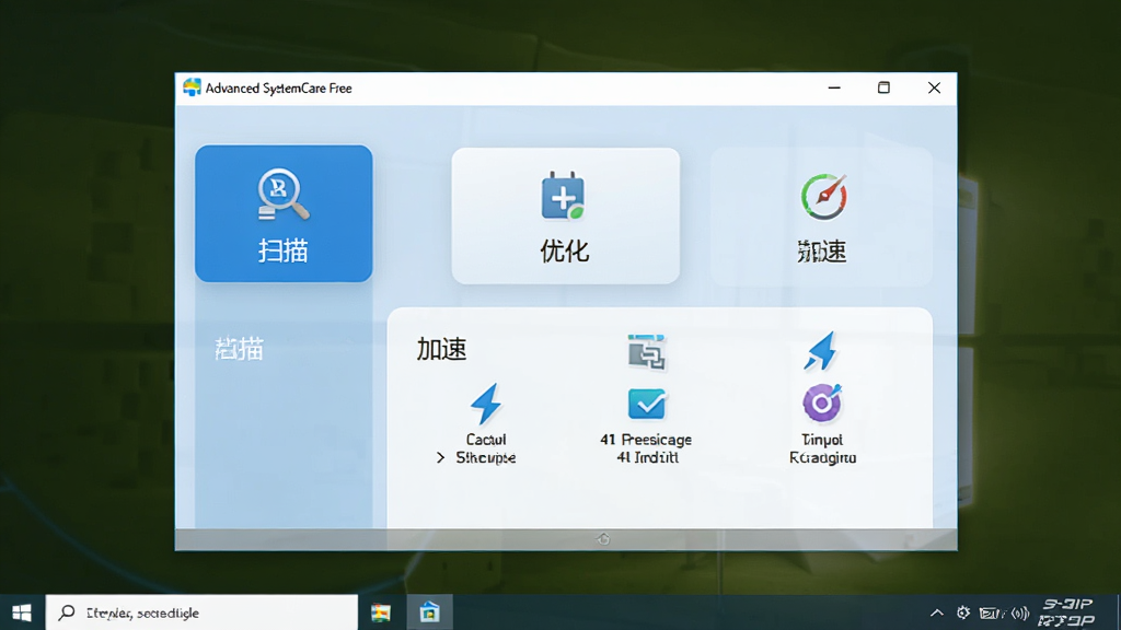Advanced SystemCare Free 主界面预览图,展示软件在Windows桌面上运行的完整界面,布局清晰,包含“扫描”、“优化”、“加速”等主要功能按钮,背景为浅蓝色调,界面风格现代简约,图标精致,整体画质高清,细节丰富,无多余元素