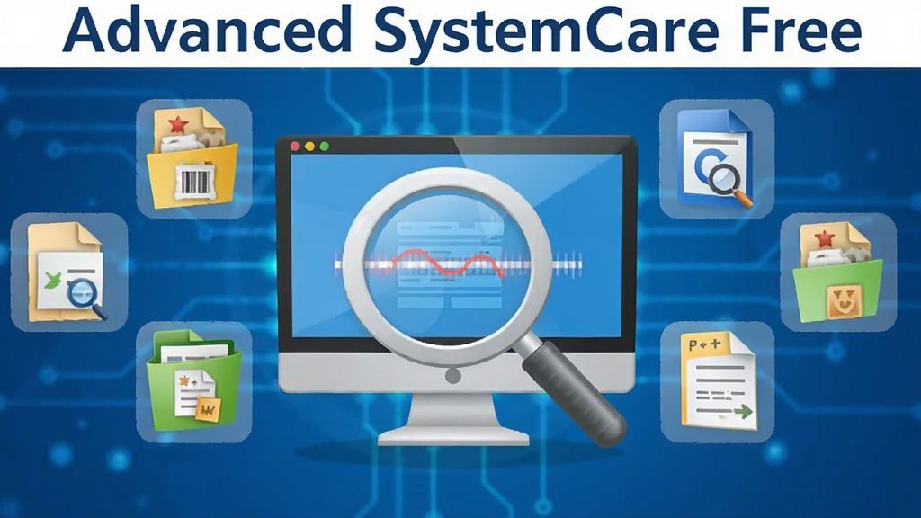 Advanced SystemCare Free 一键扫描功能示意图,画面中央显示放大镜图标正在扫描电脑屏幕,周围漂浮着垃圾文件、注册表等图标,背景为科技感蓝色,风格简洁明了,画质清晰,突出软件名称“Advanced SystemCare Free”