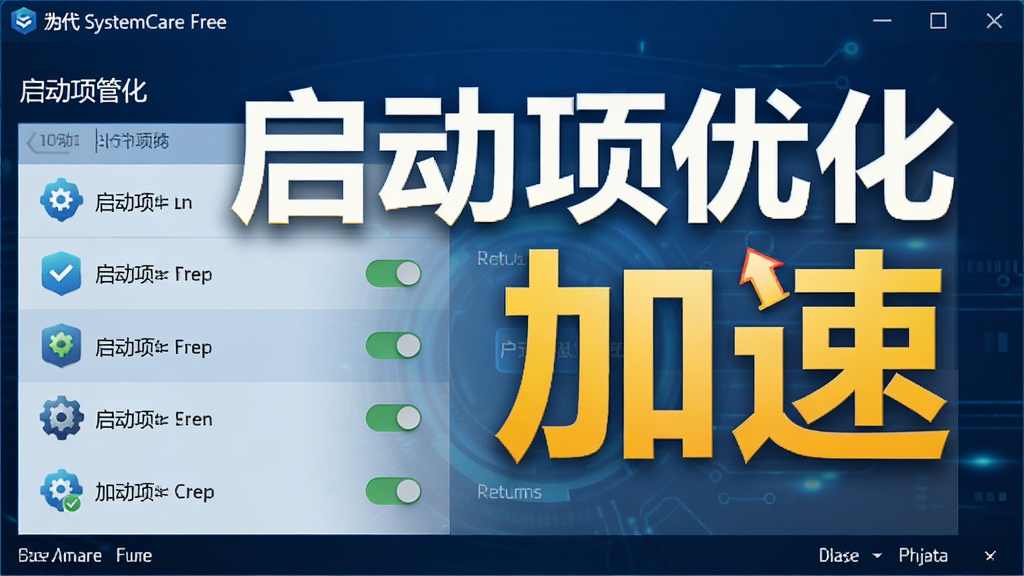 Advanced SystemCare Free 启动项管理功能预览,界面显示启动项列表,每个项目旁有开关图标,背景为深蓝色科技风格,突出“启动项优化”与“加速”字样,整体布局规整,画质细腻,清晰展示软件界面元素
