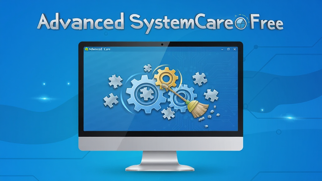Advanced SystemCare Free 系统优化过程示意图,画面显示电脑屏幕中齿轮转动,碎片被清理,背景为渐变蓝色,风格科技感强,突出软件名称“Advanced SystemCare Free”,画质清晰,细节丰富
