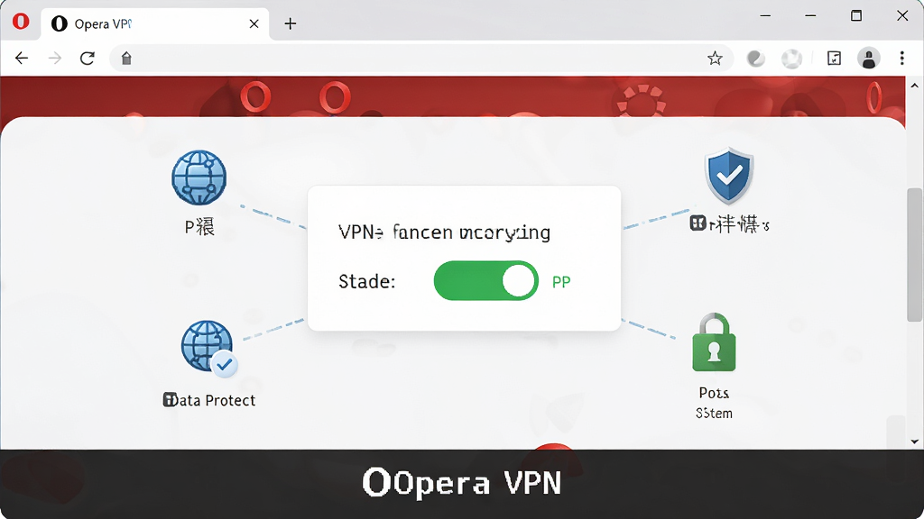 展示Opera桌面浏览器VPN功能开启界面的高清图片,画面中央是一个模拟的浏览器设置面板,显示VPN开关状态为绿色开启,周围有网络加密和数据保护图标,布局清晰,风格简洁干净,画质高清,无多余元素,可包含文字“Opera VPN”。