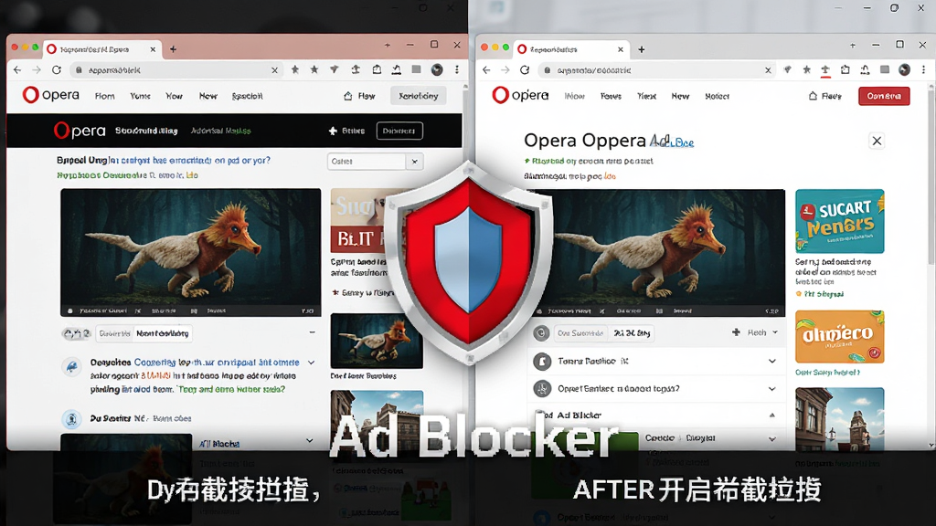 展示Opera桌面浏览器广告拦截功能生效的对比画面,左侧为未拦截的杂乱网页,右侧为开启广告拦截后的干净整洁网页,中央有一个Opera浏览器的盾牌图标,风格清晰直观,画质高清,无多余元素,可包含文字“Ad Blocker”。