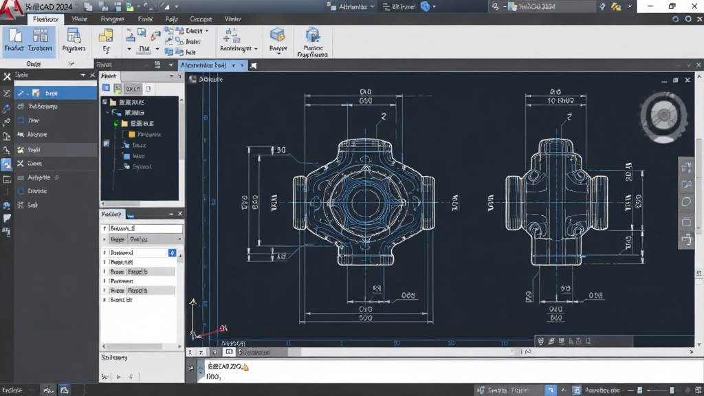 主体:浩辰CAD 2024软件启动界面与完整的二维工程图纸展示。布局:左侧为竖向功能工具栏,右侧大面积区域为绘图区,画布上展现一幅精细的机械零件三视图。排版:界面顶部为菜单栏和标准工具条,底部为命令行与状态栏,整体布局规整有序。风格:现代商务科技感,界面清爽明亮,线条锐利,色彩以深灰与蓝色高亮为主。细节:图纸上标注清晰的尺寸线、公差符号与表面粗糙度标识,显示器中隐约可见图层管理面板和属性选项板。画质:8K超高清,细节丰富,色彩准确,干净无多余元素。