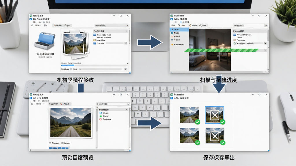 Digital Photo Recovery操作教程示意图,画面展示电脑端软件恢复照片全流程步骤图,包含选择磁盘、扫描进度、预览勾选、保存导出四个窗口,箭头串联流程,背景为浅灰色工作台,风格写实明亮,画质干净无多余元素