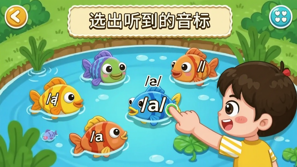 金晨动画学音标互动游戏画面,一个卡通池塘里游着各种带音标符号的鱼,孩子正点击一条标有“//”的鱼,上方提示“选出听到的音标”,界面活泼有趣,卡通风格,画质清晰,无多余元素
