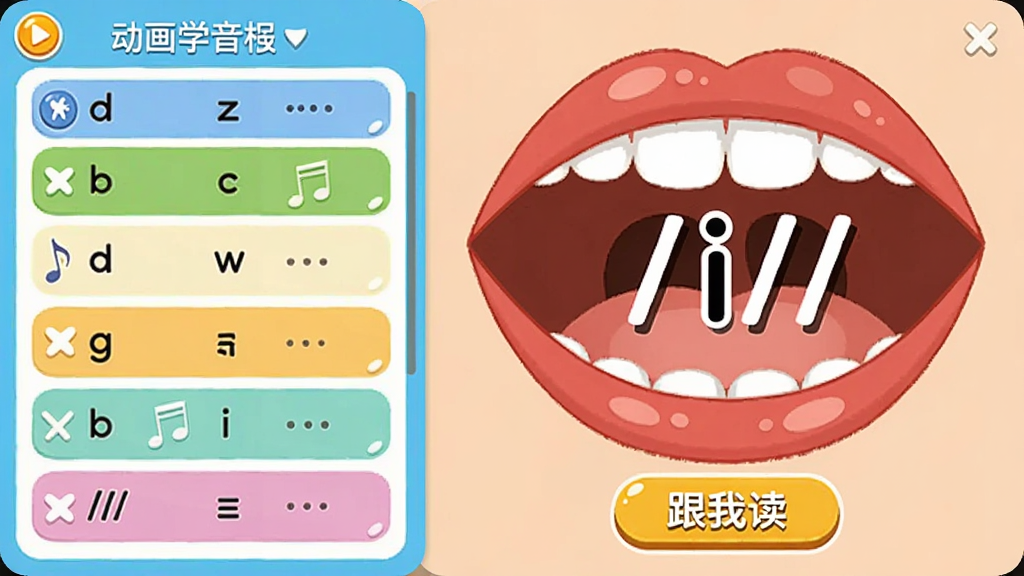 金晨动画学音标软件界面截图,左侧是音标列表,右侧是一个大大的卡通嘴型特写动画,标着“/i:/”的符号,下方有“跟我读”按钮,画面色彩鲜艳,UI布局清晰,儿童教育风格,画质干净,无多余元素