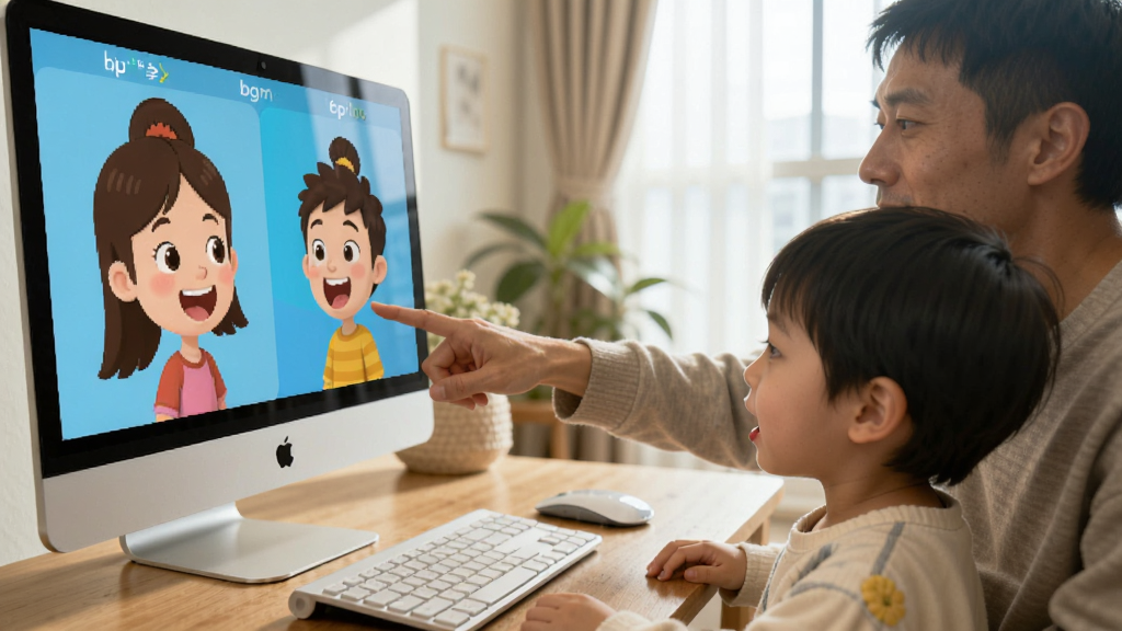 一位家长和孩子一起在电脑前使用金晨动画学音标,屏幕上的动画角色正在展示口型,家长指着屏幕,孩子跟读,画面温馨,背景是客厅,阳光充足,自然光,画质干净,无多余元素