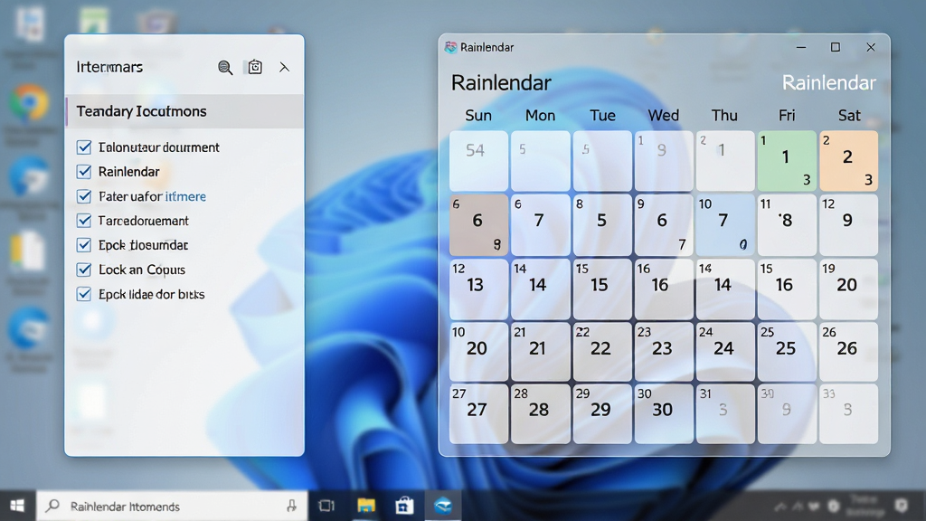 主体:一款名为“Rainlendar”的桌面日历软件界面,显示在Windows桌面上,日历部件透明悬浮。布局:日历部件位于屏幕右侧,左侧显示待办事项列表,整体干净整洁。排版:日历网格清晰,日期数字标注“Rainlendar”字样,待办事项字体简洁。风格:扁平化设计,柔和色彩,现代感。细节:日历有高亮日期标记,待办事项前有复选框,背景为模糊的桌面壁纸。画质:高清,干净,无多余元素。