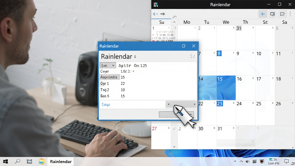 主体:Rainlendar软件在Windows桌面上的实际使用场景,用户正在添加日程。布局:日历在右侧,弹窗编辑框在中央。排版:编辑框有“Rainlendar”标题,日期清晰。风格:真实场景摄影风格。细节:鼠标点击编辑框,日历高亮显示。画质:高清,干净,无多余元素。