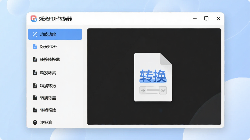 画面中央展示“烁光PDF转换器”主界面,左侧功能列表清晰可见,右侧为文件拖拽区域,背景淡蓝渐变,整体风格简洁明亮,突出“转换”核心操作,界面文字清晰,画质干净,无多余元素