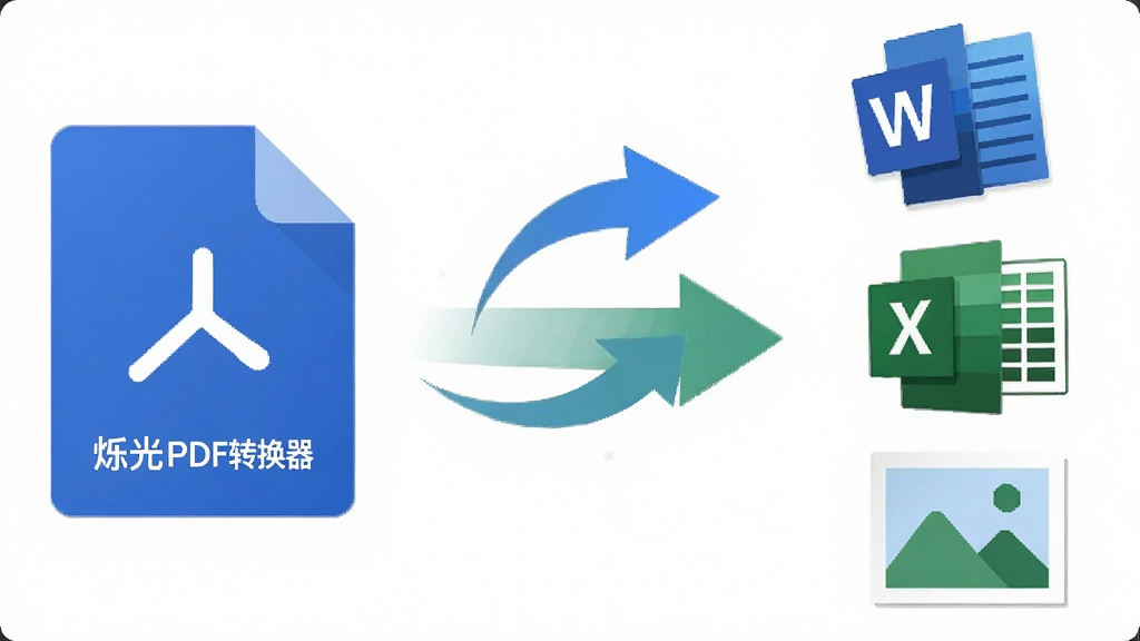 展示“烁光PDF转换器”格式转换过程,左侧为PDF文件图标,右侧为Word、Excel、图片等格式图标,中间有动态转换箭头,背景纯白,风格扁平化,细节清晰,画质干净,无多余元素