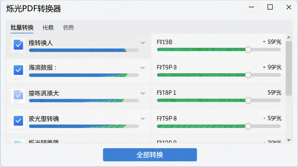 展示“烁光PDF转换器”批量转换界面,文件列表依次排列,每个文件旁有进度条,底部显示“全部转换”按钮,背景浅灰,界面整洁,细节丰富,画质干净,无多余元素