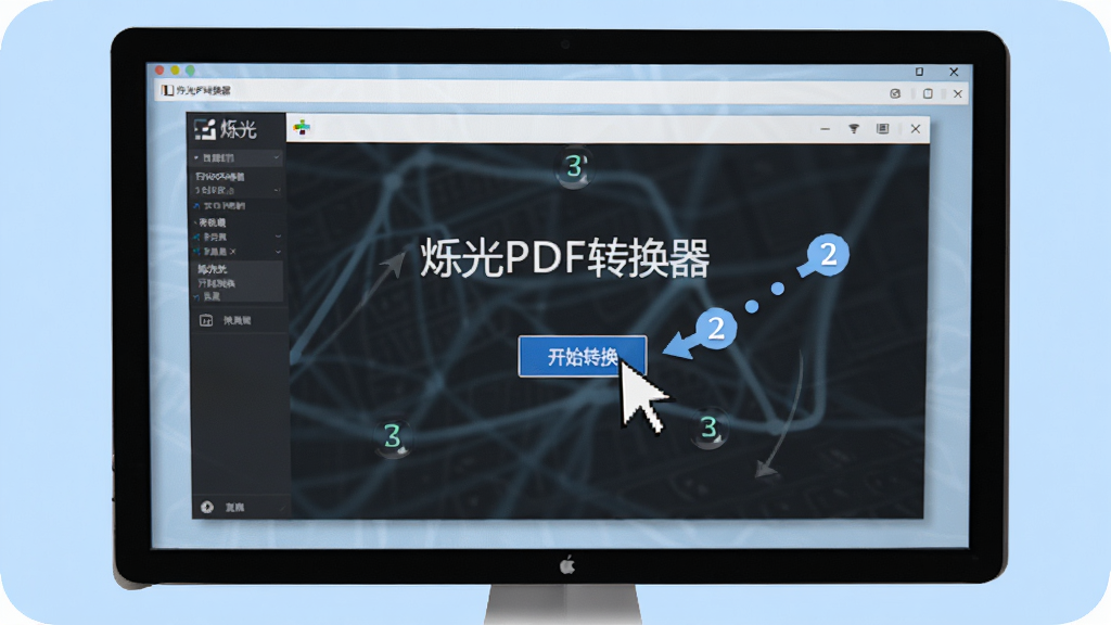 展示“烁光PDF转换器”操作教程,电脑屏幕显示软件界面,光标点击“开始转换”按钮,周围有步骤数字标注,背景浅蓝,风格写实,画质干净,无多余元素
