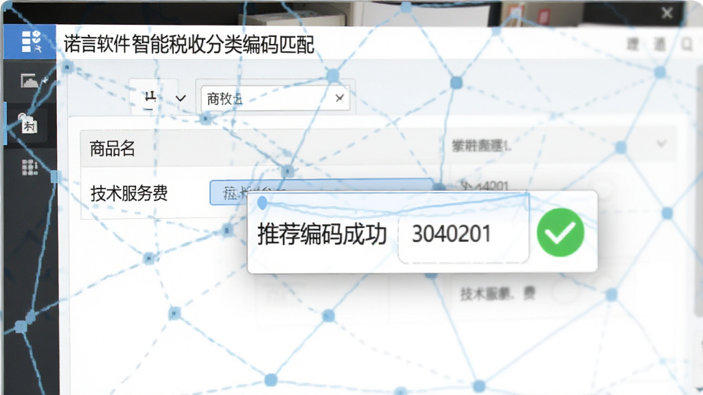图片展示诺言软件“智能税收分类编码匹配”功能特写,屏幕上商品名“技术服务费”旁自动弹出推荐编码“3040201”,并用绿色勾号标识匹配成功,界面背景简洁,突出智能提示效果,整体风格专业,画质高清,干净无杂物。