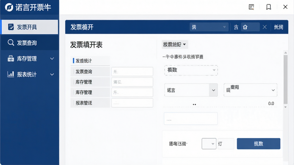 图片展示诺言开票软件的主界面,采用深蓝色与白色搭配的商务风格,左侧导航栏清晰列出“发票开具”、“发票查询”、“库存管理”、“报表统计”等模块,中央区域为发票填开表单,布局规整,界面清爽,画质高清,无多余元素。