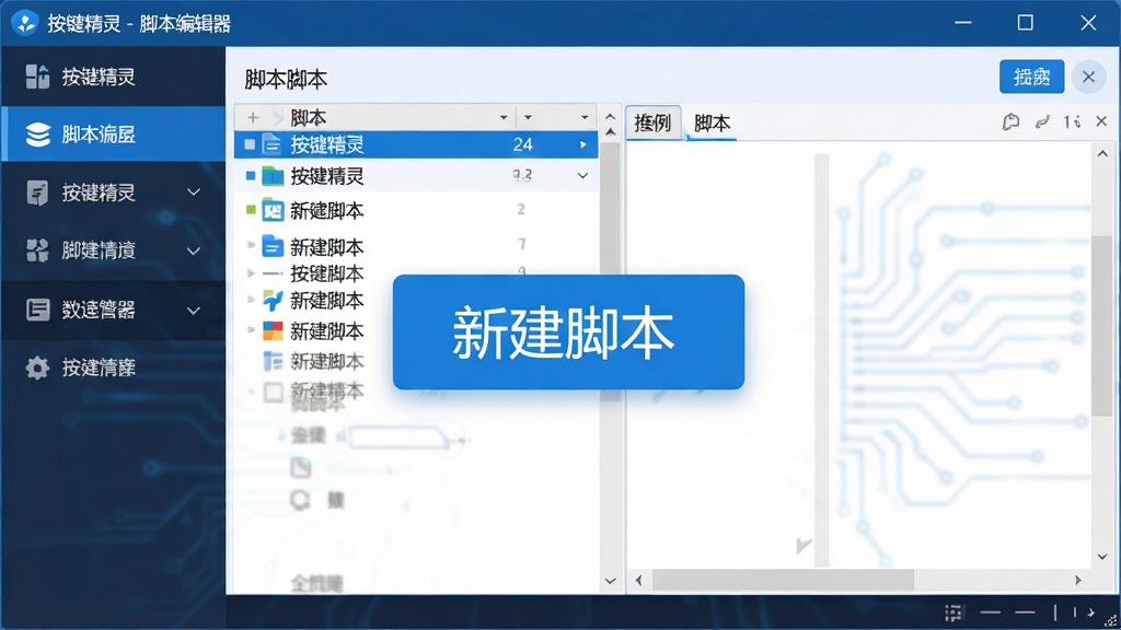 主体:一款名为“按键精灵”的自动化脚本软件界面,展示其主窗口的脚本列表与编辑区域。布局:左侧为功能导航栏,右侧为脚本编辑区,中间悬浮着“新建脚本”的醒目按钮。排版:界面元素排列整齐,图标清晰,文字标签可辨。风格:现代扁平化设计,色彩以蓝白为主,带有科技感。细节:窗口标题栏显示“按键精灵 - 脚本编辑器”,脚本列表中包含多个示例脚本名称。画质:高清,干净,无多余元素。