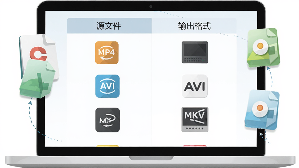 完美者转码格式转换功能示意图,主体一台笔记本电脑屏幕中显示格式列表,包含MP4、AVI、MKV图标,布局为左右对照式,左侧源文件右侧输出格式,风格扁平化,细节有文件图标悬浮,画质干净无多余元素