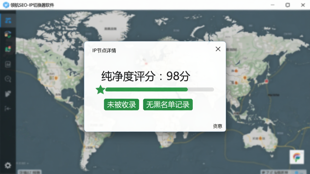 领航SEO-IP切换器软件界面中,一个IP节点详情弹窗,显示“纯净度评分:98分”,下方有“未被收录”、“无黑名单记录”等绿色标签,背景为模糊的地图,画质高清,信息展示清晰,无多余元素